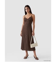 LCW Vision Kahverengi V Yaka İp Askılı Büzgülü Elbise