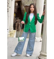 Kız Çocuk Baskılı T-shirt Bol Kesim Yıldız Detaylı Jean Pantolon Yeşil Blazer Ce