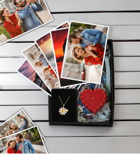 BK Gift Kişiye Özel 10 adet Fotoğraf Baskısı, İsimli Papatya Kolye ve Kırmızı Kalp Mum Hediye Seti, Sevgiliye Hediye, Yıl Dönümü Hediyesi