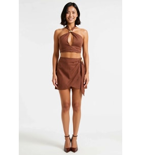 Kadın Dokuma Yaka Bağlamalı Crop Top Mini Etek Takım Plaj Kombinleri Günlük Rahat Modern