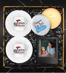 Öğretmenler Gününe Özel Tasarım İkili Fincan & Özel Tasarımlı Mum & Kişiye Özel Fotoğraf Çerçevesi