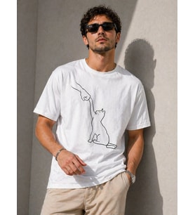 Sketch Erkek Beyaz Minimal Kedi Baskılı Tişört - Kısa Kollu Yazlık Grafik T-Shirt