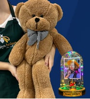 Size Özel Renkli Led Işıklı Fanus ve Büyük Boy Kahverengi Peluş Ayıcık Hediye Seti (Model 4)