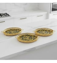 3 Adet Gold Renk Vav Desen Metal Çerçeveli Cam Nişan-Servis Tepsi Seti – 28×19 cm (Siyah-Gold)