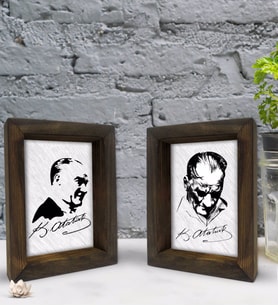 Bk Gift Atatürk Tasarımlı Dekoratif 2'li Doğal Masif Ahşap Çerçeve 15x20cm-18 (Beyaz)