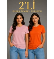 Basic Bisiklet Yaka Yazlık Slim Fit T-Shirt - Pudra Pembe - Turuncu
