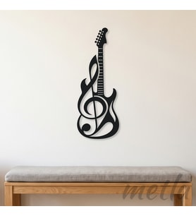 Sol Anahtarlı Gitar Metal Duvar Tablosu Mat Siyah - Müzik Öğretmenine ve Müzisyene Hediye