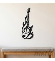 Sol Anahtarlı Gitar Metal Duvar Tablosu Mat Siyah - Müzik Öğretmenine ve Müzisyene Hediye