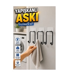 3’lü Yapışkanlı Duvar Askısı – Çok Amaçlı Askılık Seti