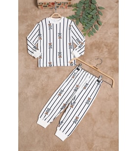 Beyaz Erkek Çocuk Çizgili Ayıcık Desenli Pijama Takımı 2-5 Yaş 25037