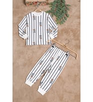 Beyaz Erkek Çocuk Çizgili Ayıcık Desenli Pijama Takımı 2-5 Yaş 25037