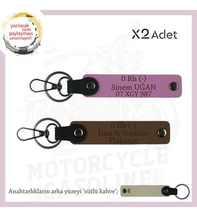 Motosiklet Aşıkları İçin, İsim Plaka ve 0 (-) Kan Grubu Yazılı Kişisel x2 Anahtarlık, Kahve-Pembe-SK (Çok Renkli)