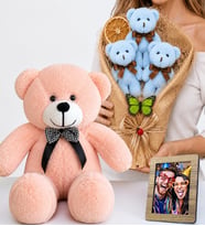 Kişiye Özel Fotoğraflı Mavi Büyük Boy Peluş Ayıcık Buketi ve 50 cm Pembe Peluş Ayıcık Hediye Seti