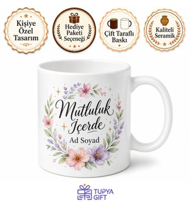 Mutluluk İçerde Yazılı Baskılı Kupa Bardak Hediye Porselen Mug