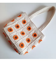 Elchandmade Tığ İşi Örgü Papatya Motifli Krem Turuncu Çanta Tote Bag