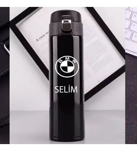 Kişiye Özel Lazer Baskılı 500ml Çelik Araç Baskılı Termos – Sızdırmaz, Vakumlu, Kilitli Kapak (Siyah)