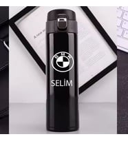 Kişiye Özel Lazer Baskılı 500ml Çelik Araç Baskılı Termos – Sızdırmaz, Vakumlu, Kilitli Kapak (Siyah)