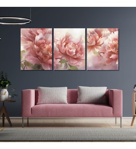 3'lü Kanvas Duvar Tablosu Soft Pastel Pembe Çiçek Tasarımı