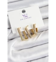 Pirinç Zİrkon Taşlı Dikdörtgen Model Gold Renk 3'lü Kadın Küpe (Çok Renkli)