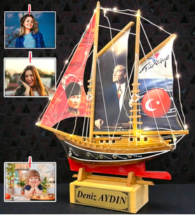 Kişiye Özel ATATÜRK Led Işıklı Ahşap Gemi Maketi ve 3 Fotoğraf Hediye Seti