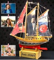 Kişiye Özel ATATÜRK Led Işıklı Ahşap Gemi Maketi ve 3 Fotoğraf Hediye Seti