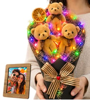 Doğum Günü Hediyesi Kişiye Özel Fotoğraflı Renkli LED Işıklı Peluş Ayıcık Buketi (Kahve)