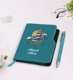 BK Gift Kişiye Özel Dümen Tasarımlı Turkuaz Termo Deri Defter Kalem Seti-4