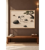 Zen Bahçesinde Turna Bonsai ve Taşlar Ahşap Çerçeveli Duvar Tablosu