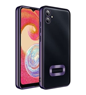 coverzone Samsung Galaxy A04E ile uyumlu K?l?f Kamera Korumal? Logo G�steren Parlak renk kenar �izgileri ile ??k bir tasar?m Colored Z-Omega Kapak (DER?N MOR)