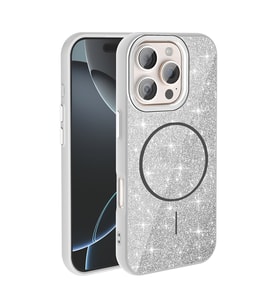 Apple iPhone 16 Pro Uyumlu Kılıf M-safe Şarj Özellikli Parlayan Simli Zore Okso Kapak (Beyaz)