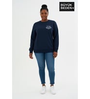 Kadın Büyük Beden CHEF Baskılı Bisilet Yaka İnce Sweatshirt SPR26BSWK956-4 (Lacivert)