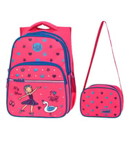 WaddellBag Kız Çocuk Pembe Balerin Baskılı İlkokul Sırt Çantası Üç Gözlü Çanta Seti