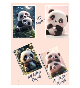 Sevimli panda Defter ve poster seti 2 adet defter A4 + 2 adet poster A3 süper set
