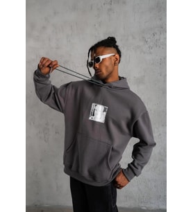 Erkek 3 İplik Pamuklu Kapüşonlu Baskılı Cepli Oversize Sweatshirt Hoodie - Gri