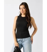 Guess Kolsuz Francine Büzgülü Taş İşlemeli Kadın Siyah Bluz W6GP14K2940-JBLK