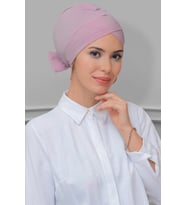 Pudra Pratik Hazır Geçmeli Tesettür Bone Sandy Kumaş Fiyonklu Çift Taraflı Tek Çapraz 1833_06