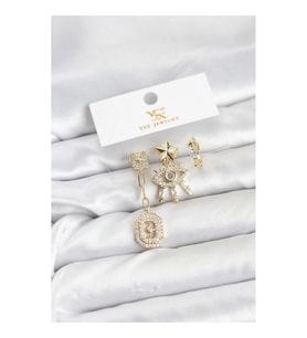 Mey İthalat® Pirinç Gold Renk Göz ve Kutup Yıldızı Model YSX Trio Küpe Seti