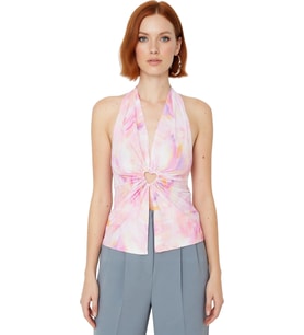 Kadın Kalın Askılı V Yaka Pencere Detaylı Baskılı Crop Bluz Polyester Karışımlı Örme Kumaş Yazlık
