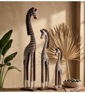 Dekoratif Ahşap 3'lü Zürafa Biblo Seti - Zebra Desenli El Yapımı Ev Dekoru- 1 metre