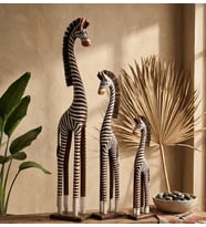 Dekoratif Ahşap 3'lü Zürafa Biblo Seti - Zebra Desenli El Yapımı Ev Dekoru- 1 metre