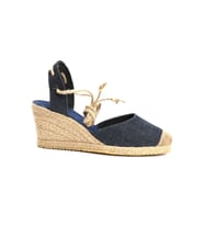 Gerçek Elişi Topuğu Açık Bilekten Bağlamalı Bej Dolgu Topuk Keten Hasır Espadril Handmade (Mavi)