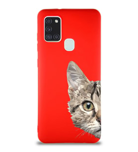 Samsung Galaxy A21S Soft Premier Kapak Catface Tasarımlı Silikon Kılıf - Kırmızı (Şeffaf)