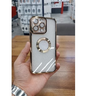iPhone 15 Pro Kılıf Köşeleri Renkli Şeffaf Kamera Korumalı Silikon Luxury Kapak (Gold)