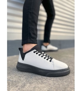 JY204 Flex Bağcıklı Keten Kumaş Erkek Günlük Sneaker Ayakkabı KST - Beyaz/Siyah