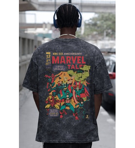 Tasarım Marvel Tale Avengers Kahramanlar Sırt Baskılı Unisex Oversize Eskitme Yıkamalı Tişört