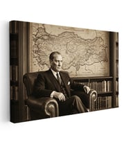 Yatay Kanvas Tablo Kütüphanede Atatürk ve Türkiye Haritası Ev Ofis Duvar Dekoru