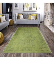 Yeşil Vintage Desenli Yıkanabilir Kaymaz Taban Leke Tutmaz Modern Salon Halısı ve Yolluk (Fıstık Yeşili)