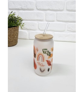 Bambu Kapaklı Bohem Temalı Pipetli Buzlu Cam Bardak (Çok Renkli)
