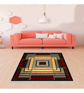 Geometrik Kare Blok Desenli Dijital Baskı Yıkanabilir Kaymaz Taban Modern Salon Halısı ve Yolluk (Siyah)