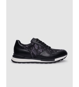 %100 Hakiki Deri Siyah Bağcıklı Kamuflaj Desenli Erkek Sneaker